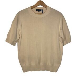 New Theory Short Sleeve Sweater Tee Wood Ash Beige Tan Cotton Size Small Preppy